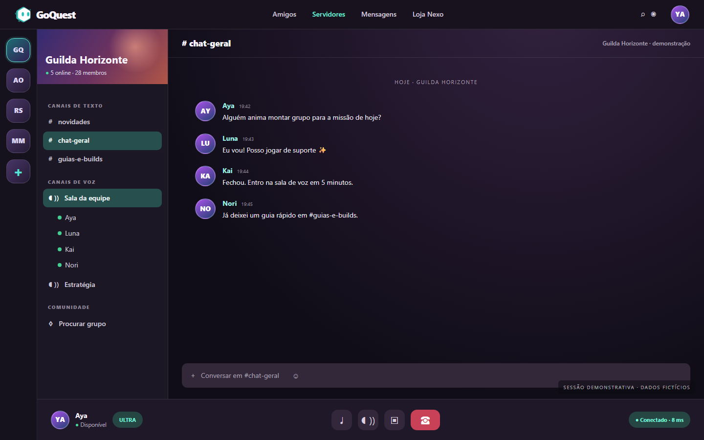 Demonstração fictícia do chat e lista de canais do GoQuest