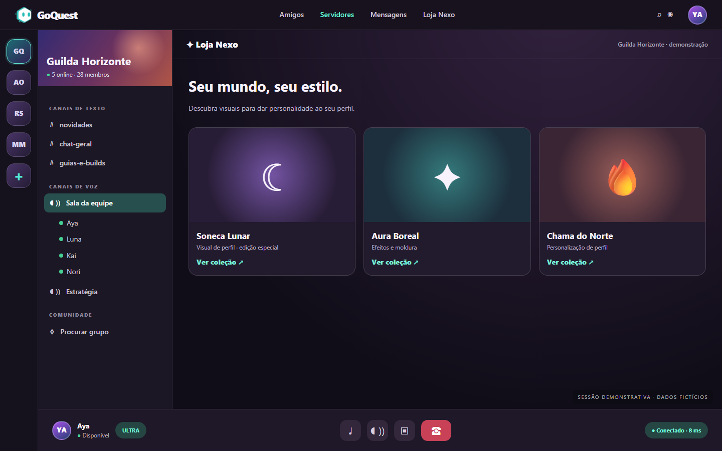 Demonstração fictícia da Loja Nexo com visuais de perfil