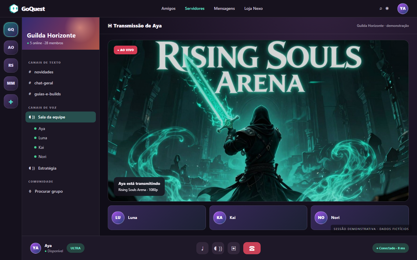Demonstração fictícia de transmissão de jogo no GoQuest